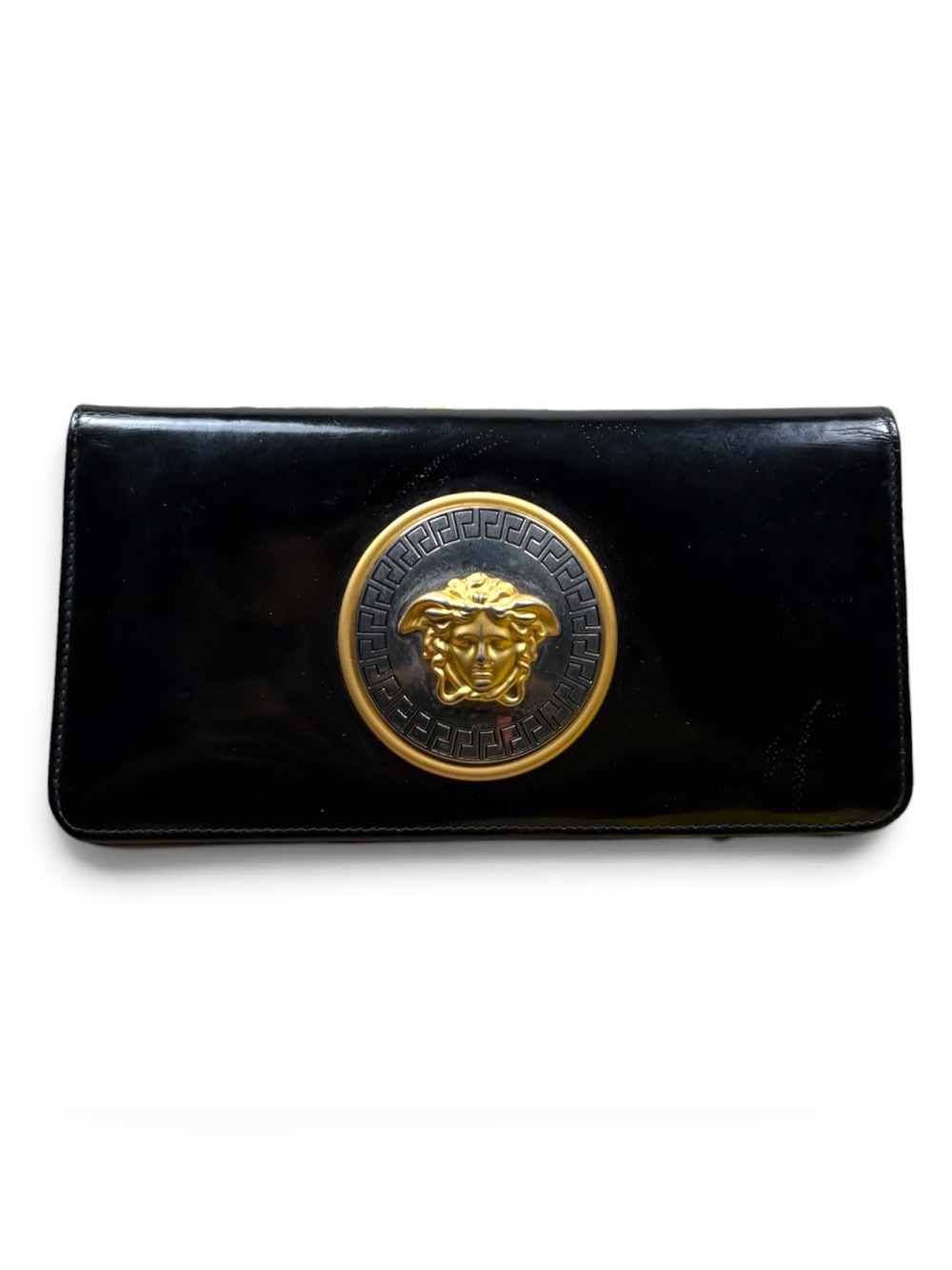 Vintage 90s Gianni Versace Medusa Patent Leather Long Wallet Black Gold Italy